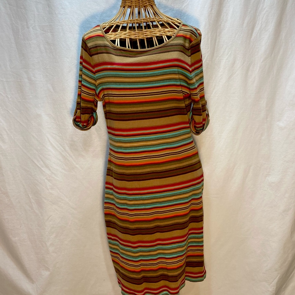 LAUREN RALPH LAUREN COTTON STRIPED BUTTON TAP SLEEVE SCOOP STRETCH DRESS SIZE PL
